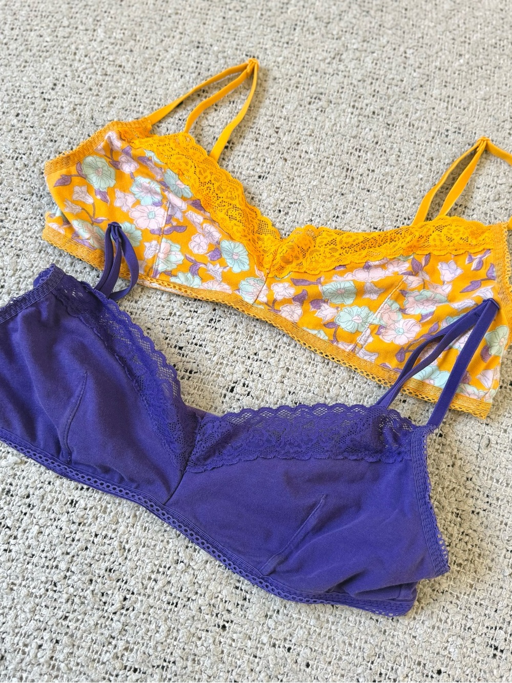Savage Fenty Yellow Floral Lace Bralette & Purple Lace Bralette Set Size M